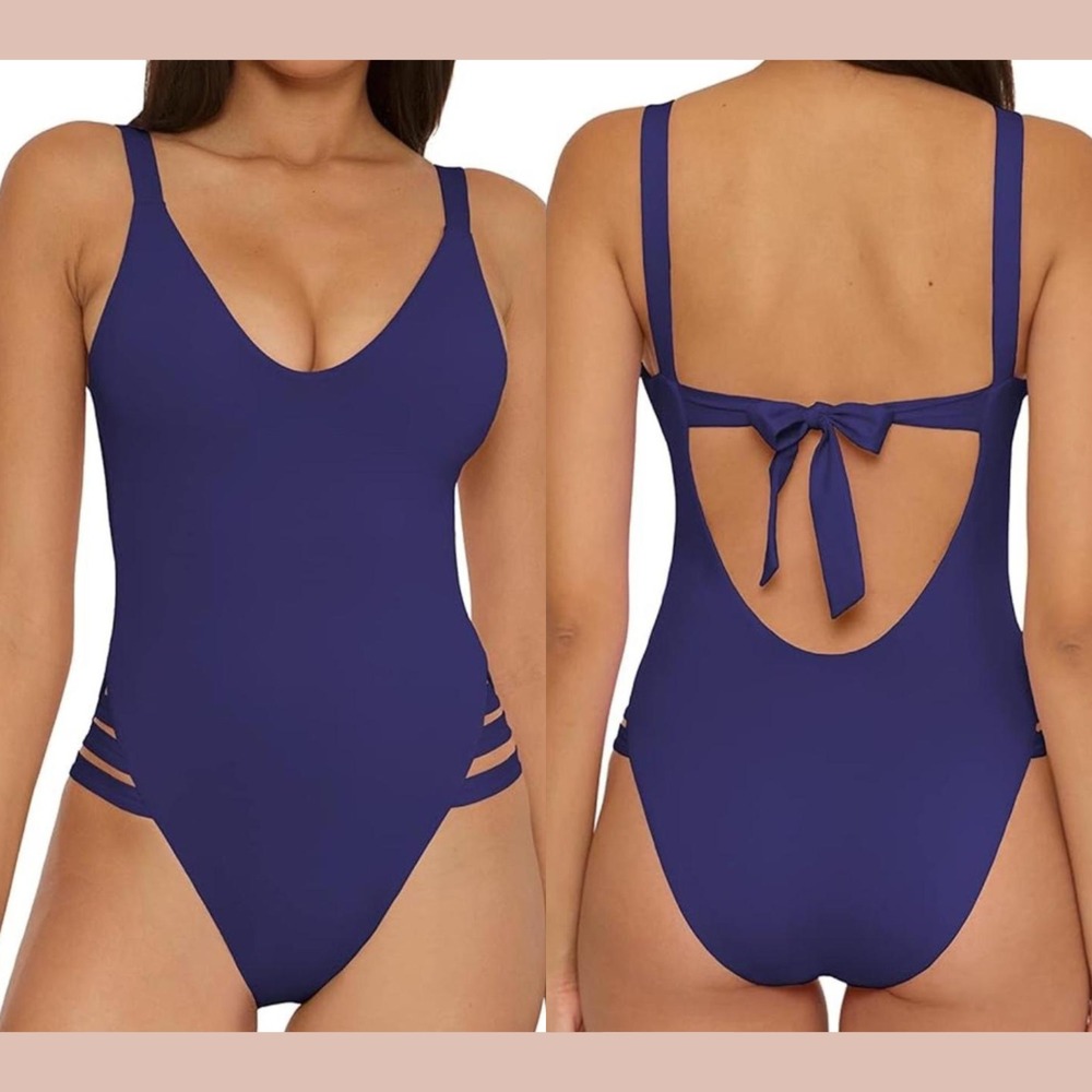 NWT BECCA [‎ Large ] Color Code High Leg One-Piece Swimsuit in Navy Blue U1337